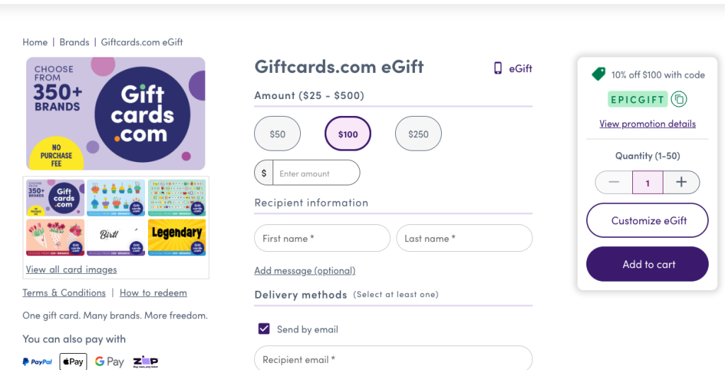 10% off for the e-giftcards